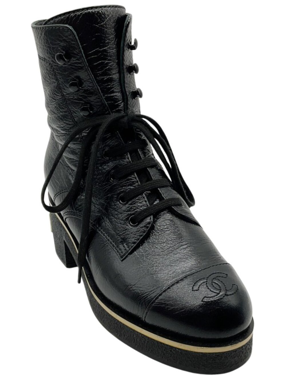 Chanel Black Crinkled Patent Leather Lace Up Combat Boots
